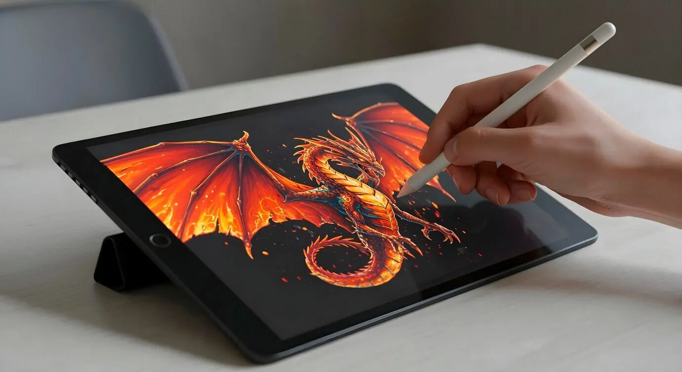 Drachenkunst auf einem Tablet mit einem Stylus