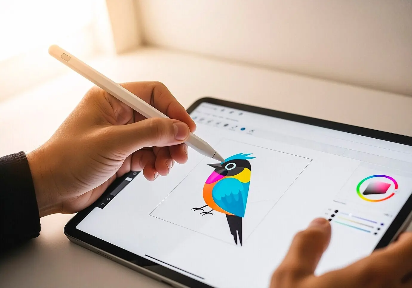 Das Zeichnen eines Vogels auf einem Tablet mit einem Stylus.